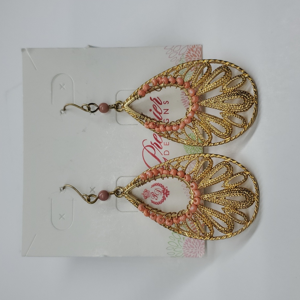 Premier Designs Gold Toned Coral Colored Beaded Wire Earrings NIB